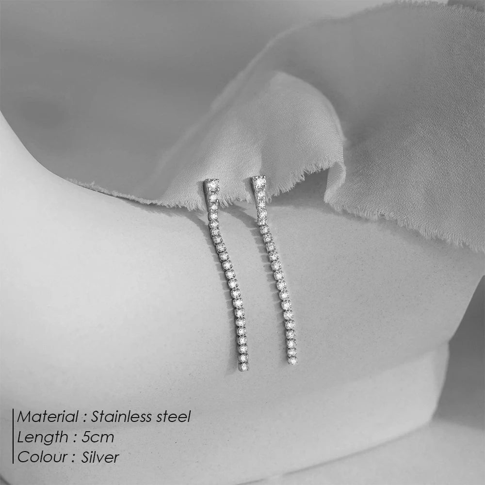 eManco Stainless Steel Gold-Plated Shiny Zirconia Earrings High Quality New Women's Single Row Tassel Pendant Fashion Accessorie