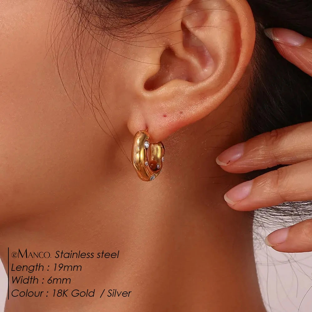 eManco Sparkling Rhinestones High Quality Stainless Steel Gold Plated CC Shape Hoop Earrings Suitable for Women Party Jewelry