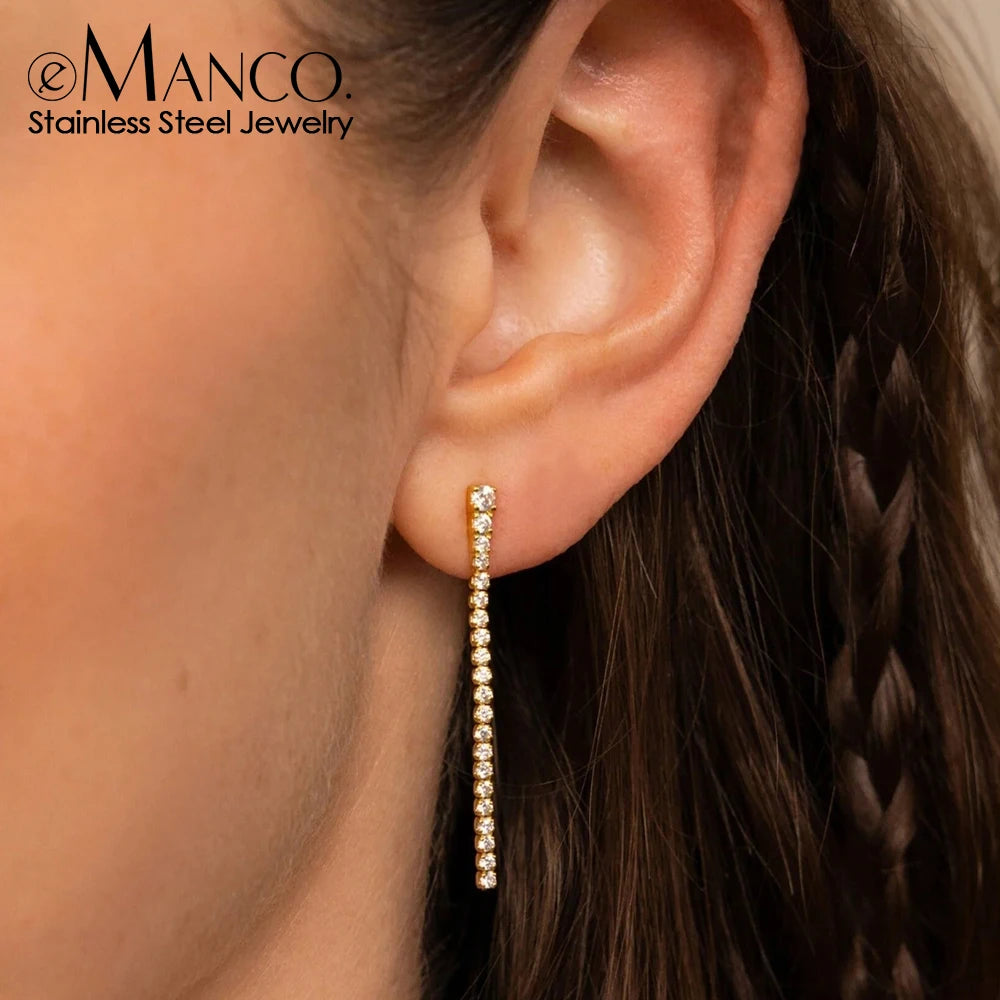eManco Stainless Steel Gold-Plated Shiny Zirconia Earrings High Quality New Women's Single Row Tassel Pendant Fashion Accessorie