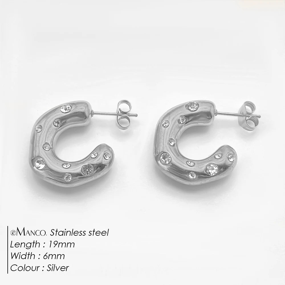 eManco Sparkling Rhinestones High Quality Stainless Steel Gold Plated CC Shape Hoop Earrings Suitable for Women Party Jewelry