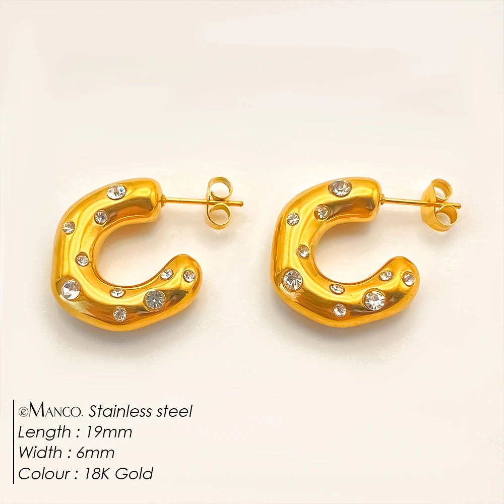 eManco Sparkling Rhinestones High Quality Stainless Steel Gold Plated CC Shape Hoop Earrings Suitable for Women Party Jewelry