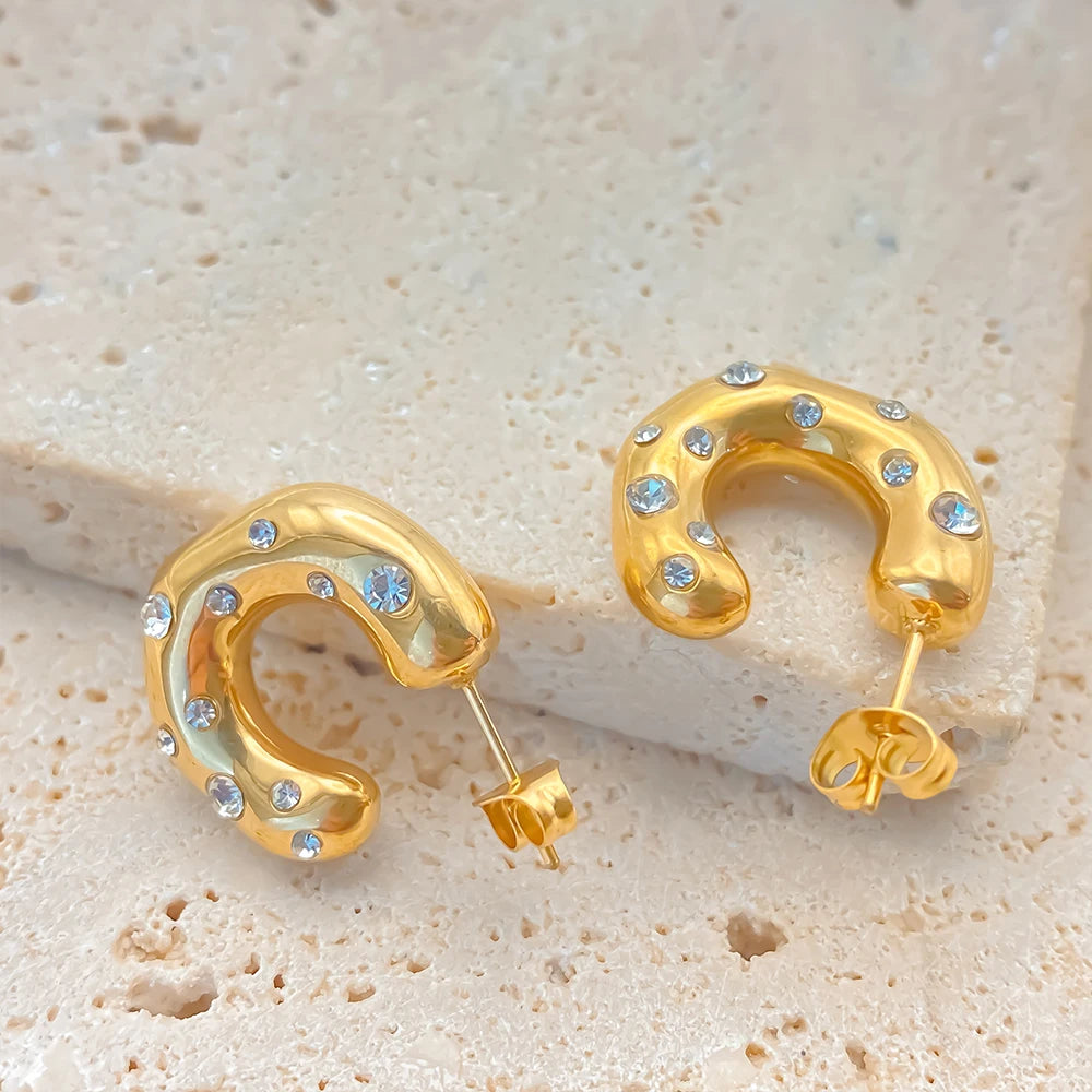 eManco Sparkling Rhinestones High Quality Stainless Steel Gold Plated CC Shape Hoop Earrings Suitable for Women Party Jewelry