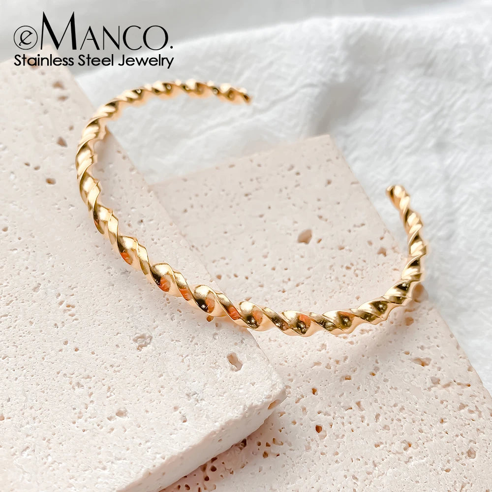 eManco Fashion Metal Thread Pattern Stainless Steel Gold Plated 14K Bangles, High Quality Waterproof Jewelry  48 Hour Shipment
