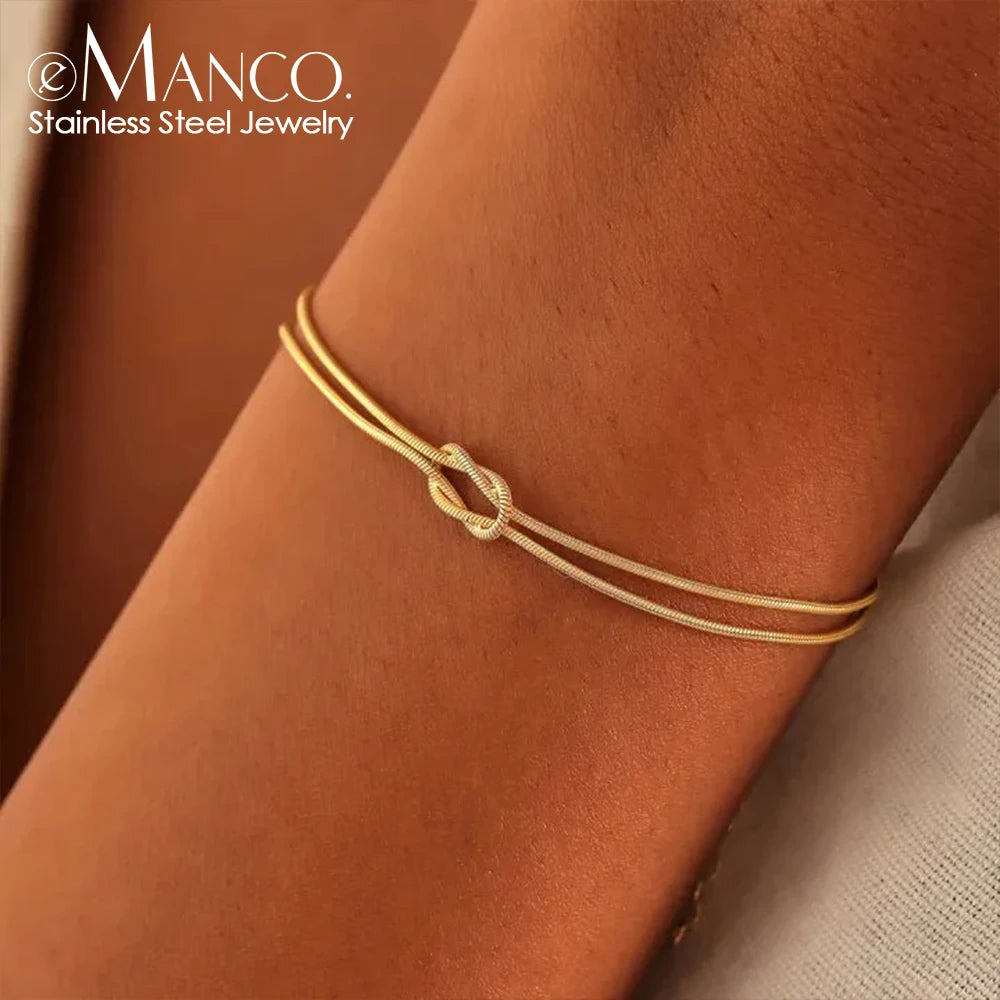 eManco Fashion High Quality Stainless Steel Gold Plated Couple Bracelets Classic Round Snake Chain Knotted Simple Accessories
