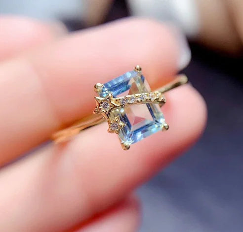 Natural Sky Blue Topaz Ring in 925 Silver Inlay